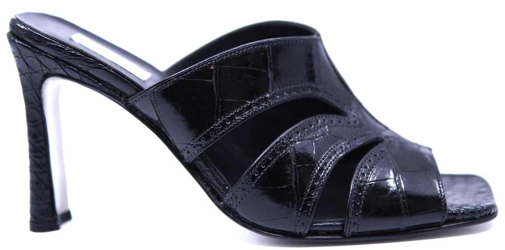 Full Black Glossy Alligator Sandals Heel image 0