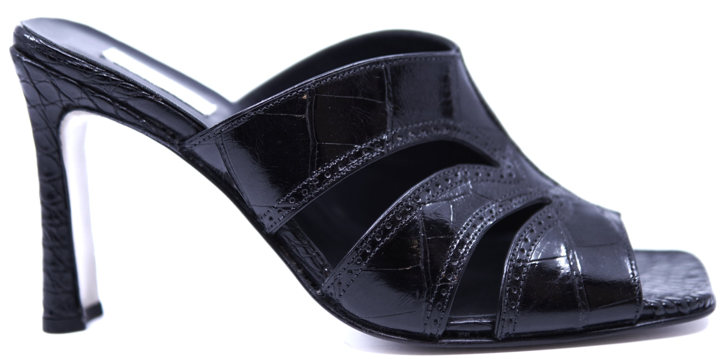Full Black Glossy Alligator Sandals Heel image 0