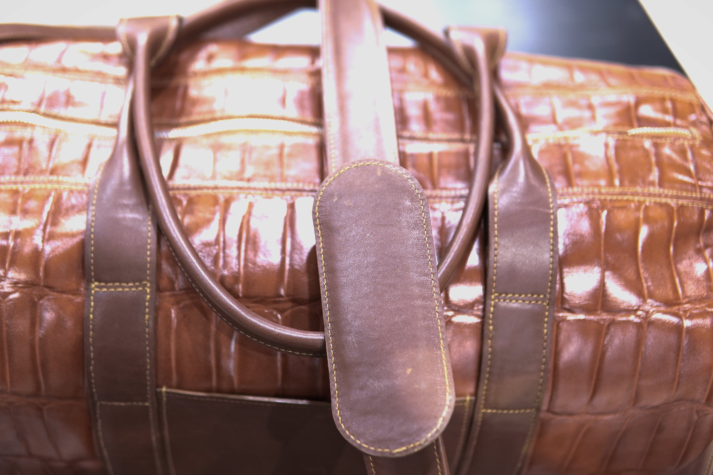 Cognac Alligator Print & Brown Leather Duffle Bag image 7