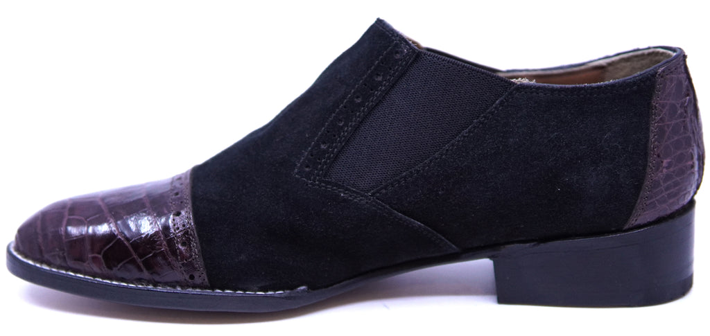 Black Suede & Burgundy Crocodile Cap Toe Loafer image 1