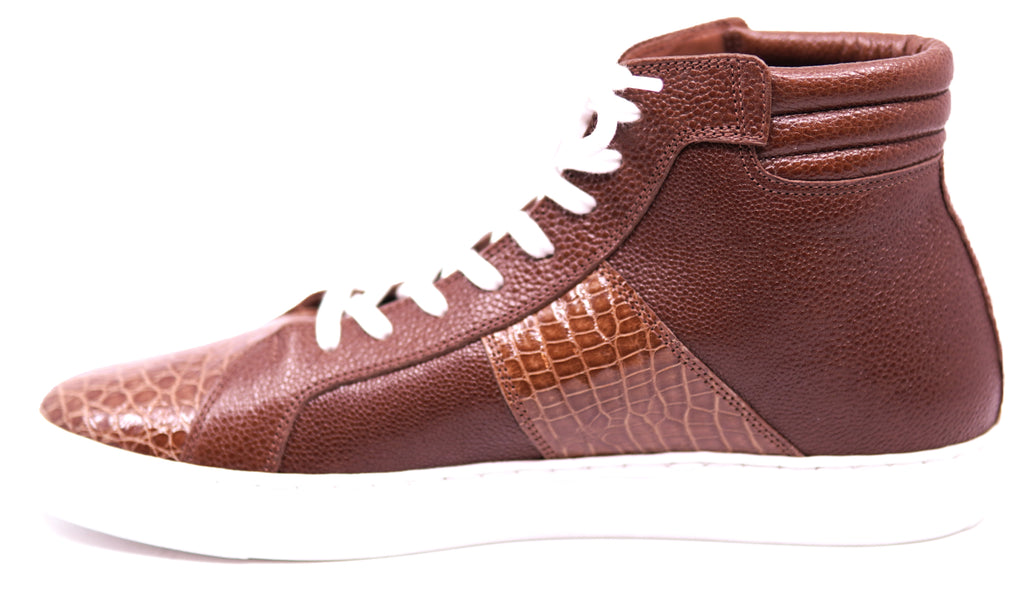 Cognac Leather Textured & Alligator Belly High Top Sneaker image 1