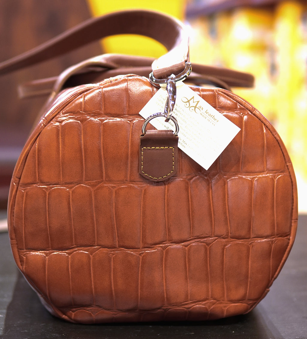 Cognac Alligator Print & Brown Leather Duffle Bag image 2