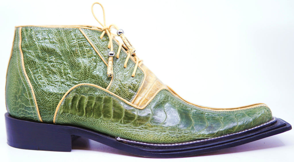 Olive Green Ostrich Leg & Yellow Mustard Crocodiled Pointed Toe Ankle Boots