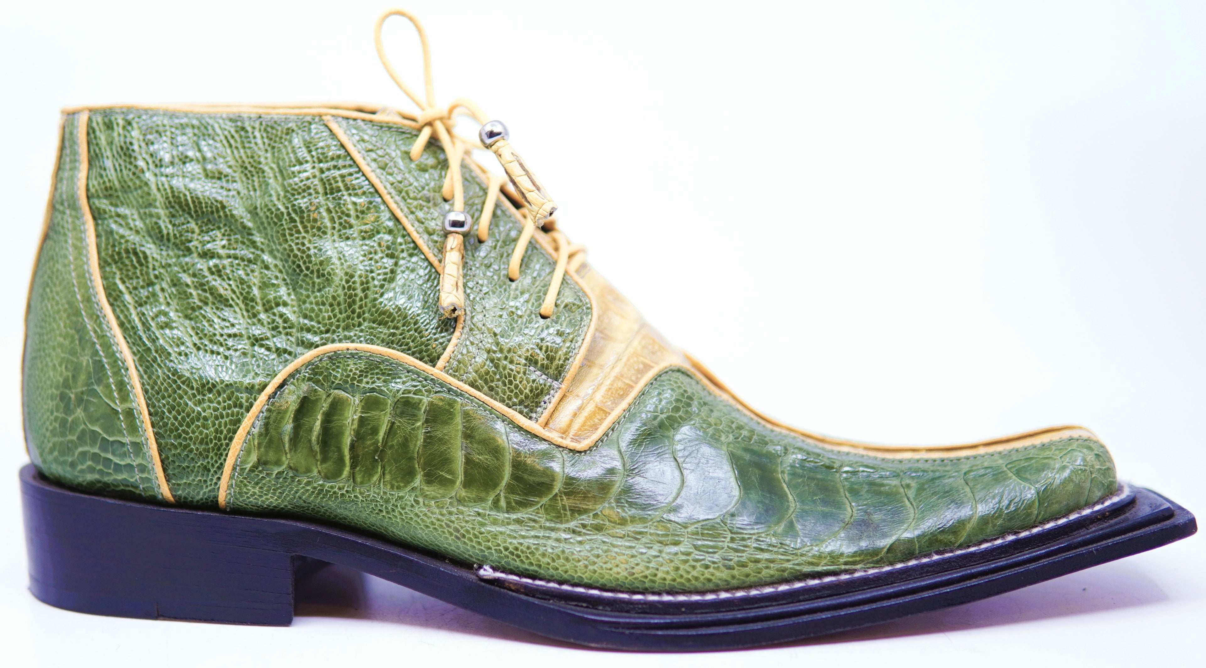 Olive Green Ostrich Leg & Yellow Mustard Crocodiled Pointed Toe Ankle Boots