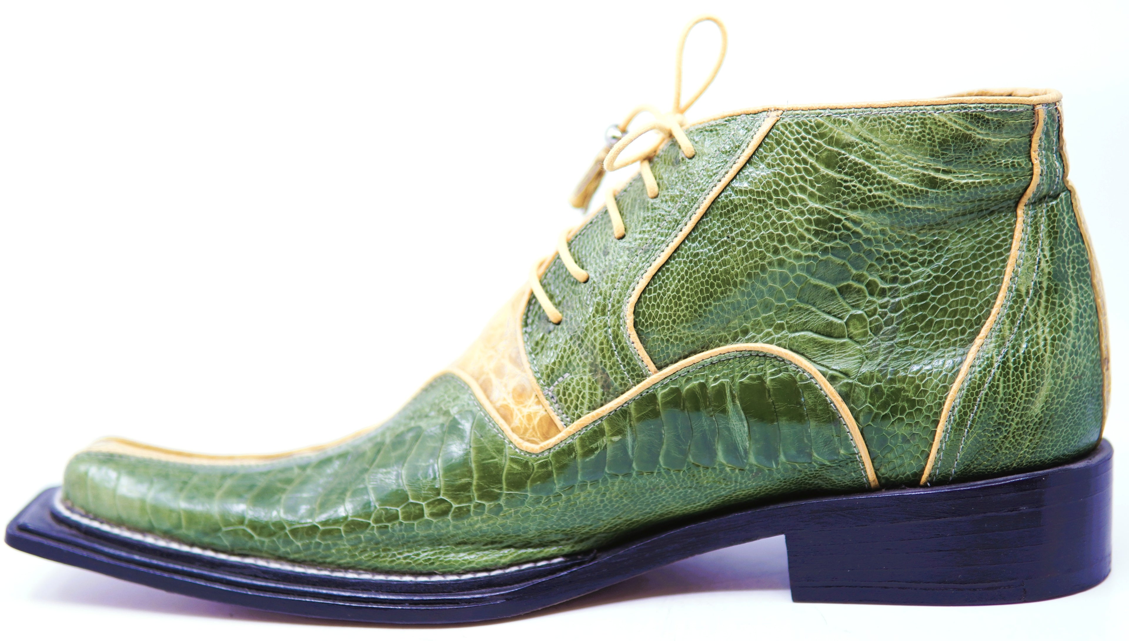 Olive Green Ostrich Leg & Yellow Mustard Crocodiled Pointed Toe Ankle Boots
