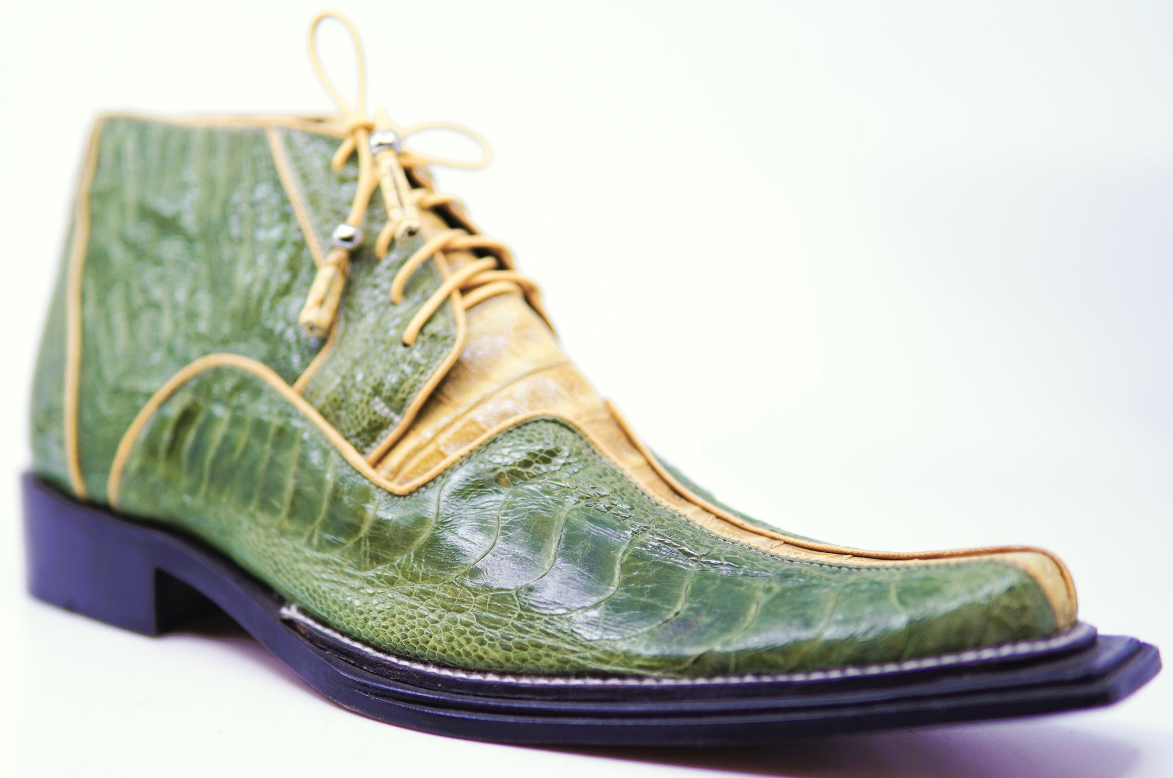 Olive Green Ostrich Leg & Yellow Mustard Crocodiled Pointed Toe Ankle Boots