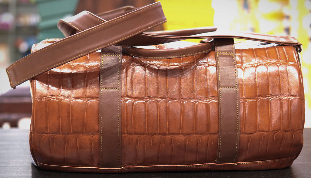 Cognac Alligator Print & Brown Leather Duffle Bag image 1