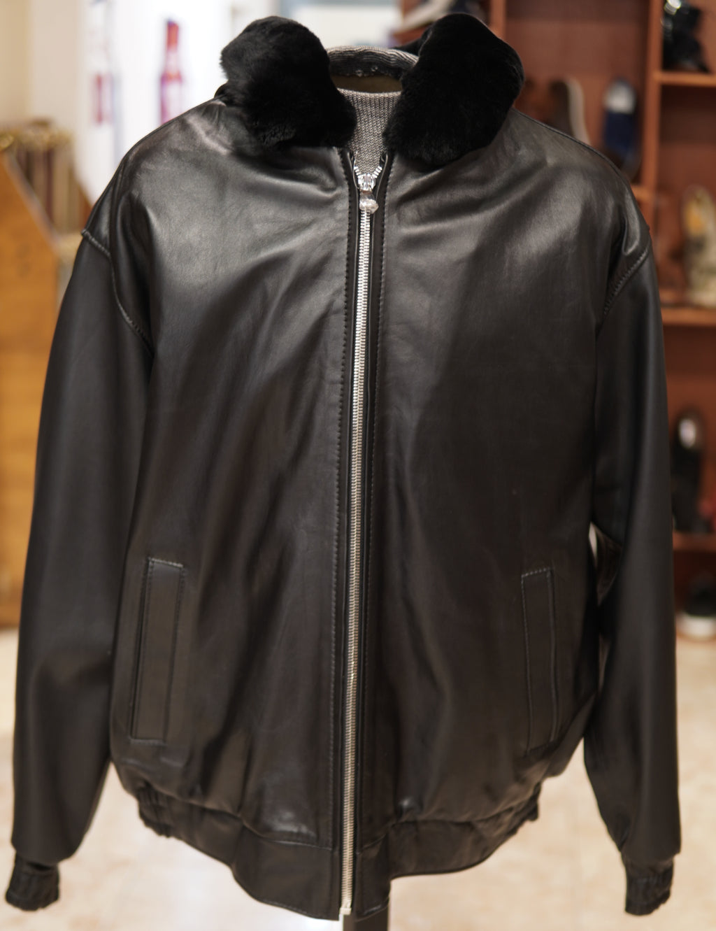 Leather Bomber with Rabbit Hood Jacket US Men's 2XL image 0