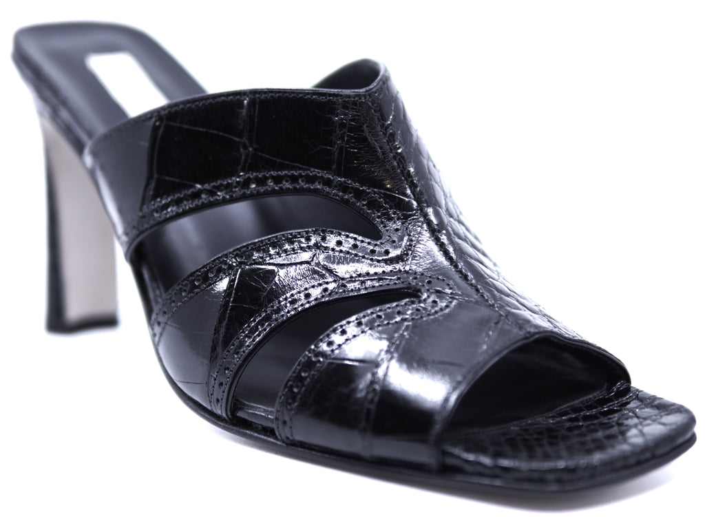 Full Black Glossy Alligator Sandals Heel image 2