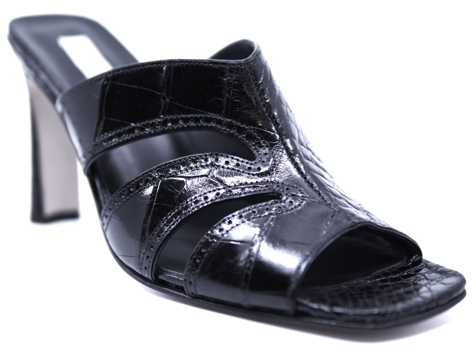 Full Black Glossy Alligator Sandals Heel image 2