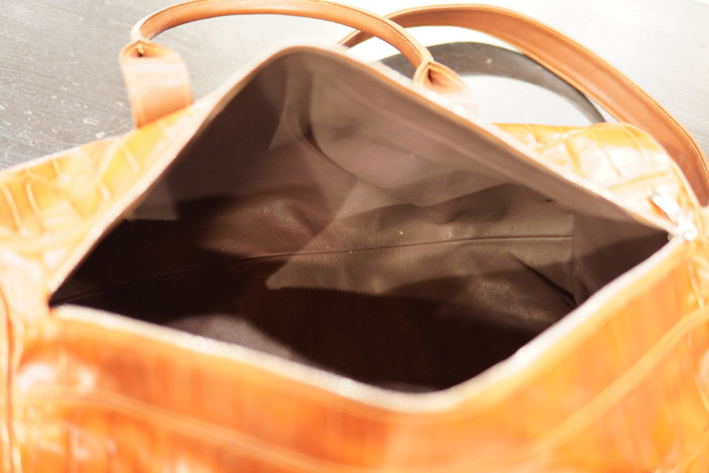 Cognac Alligator Print & Brown Leather Duffle Bag image 4