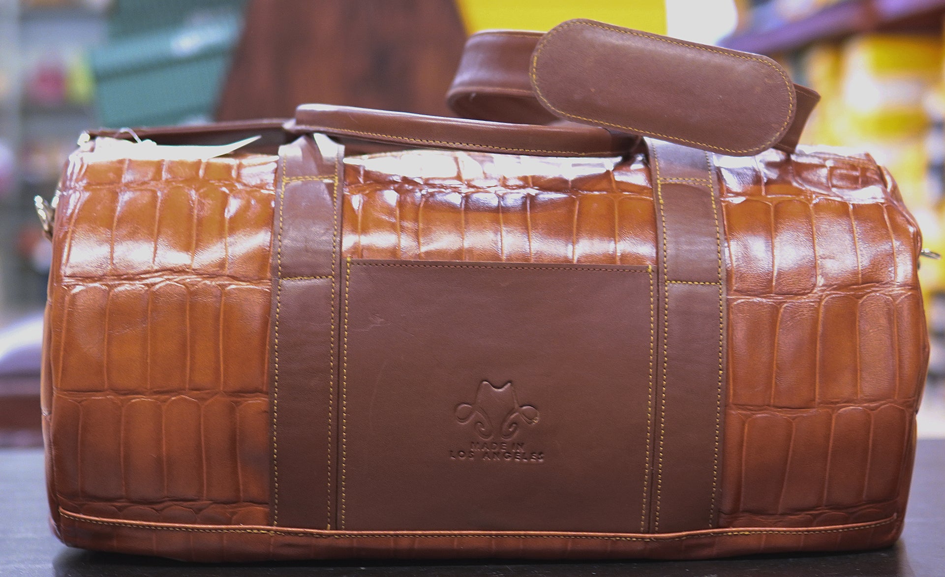 Cognac Alligator Print & Brown Leather Duffle Bag image 0