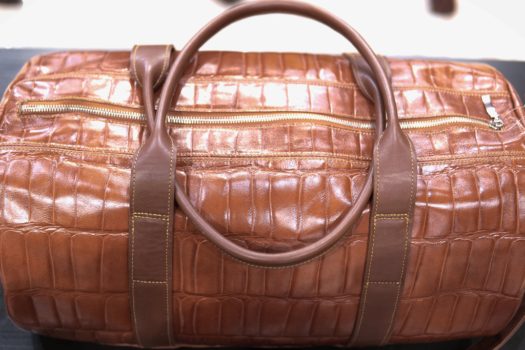 Cognac Alligator Print & Brown Leather Duffle Bag image 3