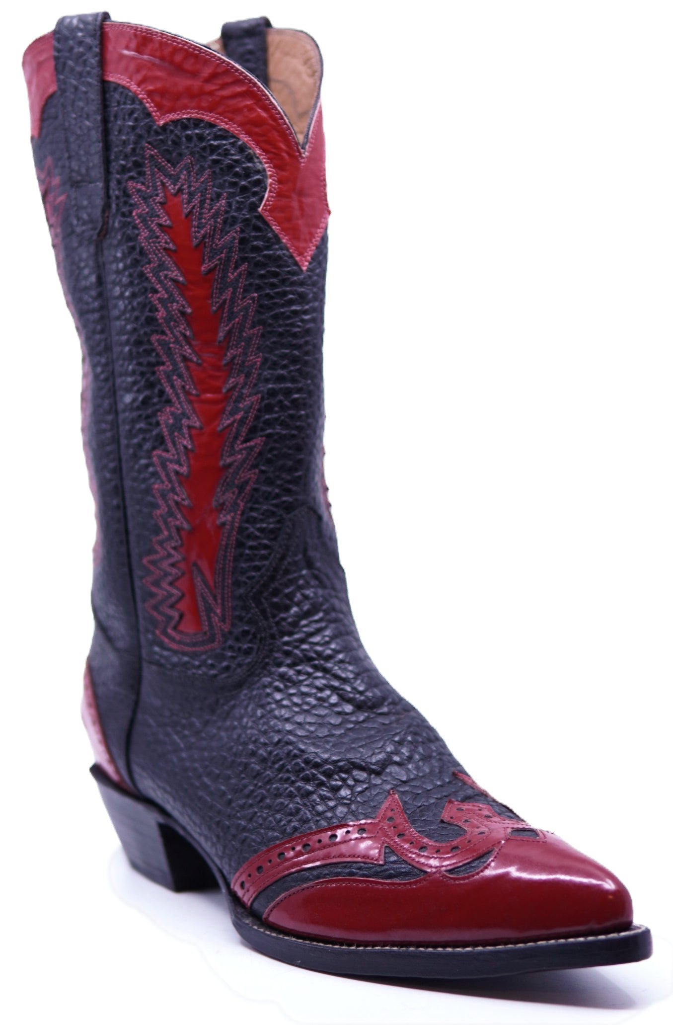 Genuine Black Buffalo Texture & Red Patent Leather Cowboy Boots image 2