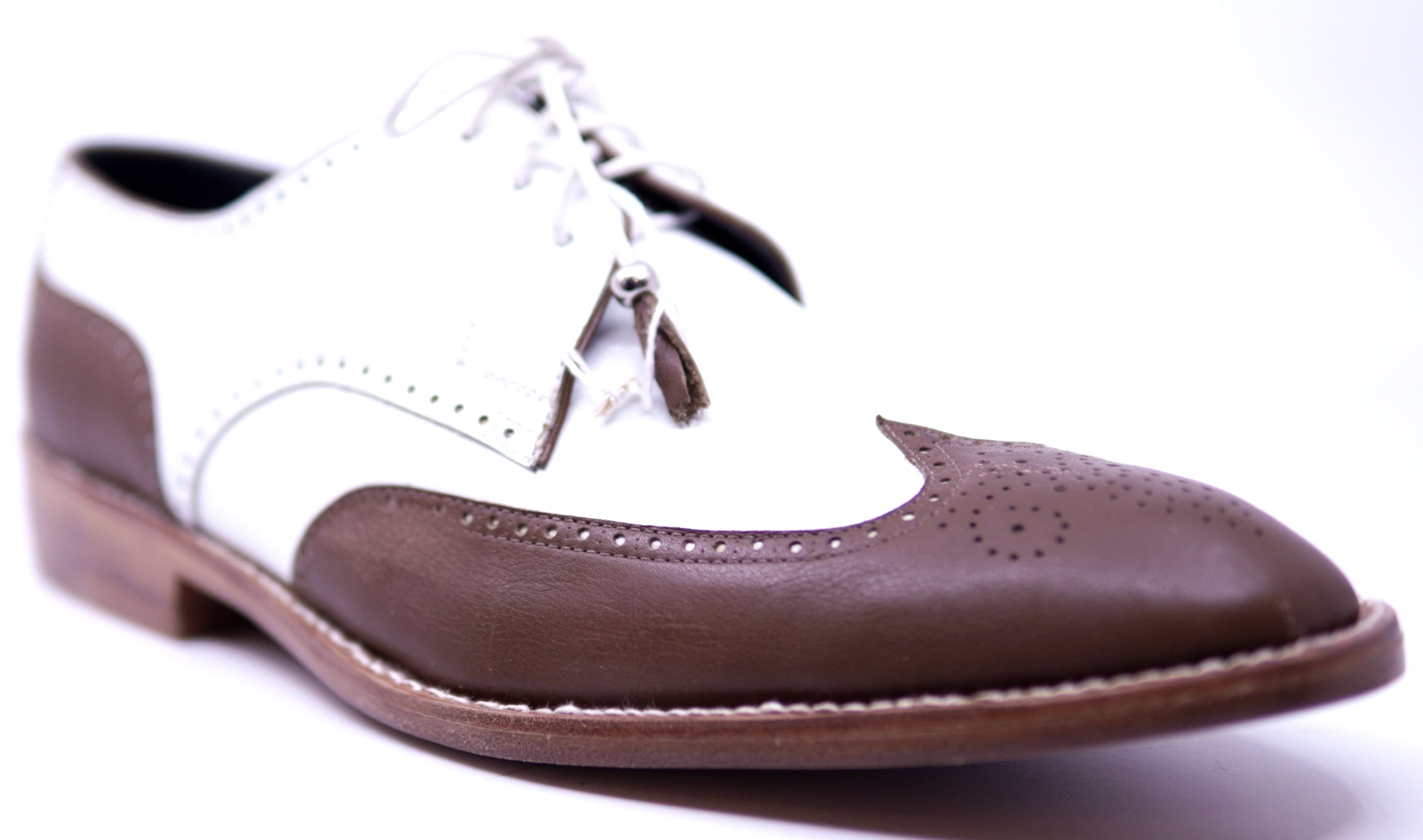 Genuine White & Brown Leather Wingtip Dress Shoe image 2